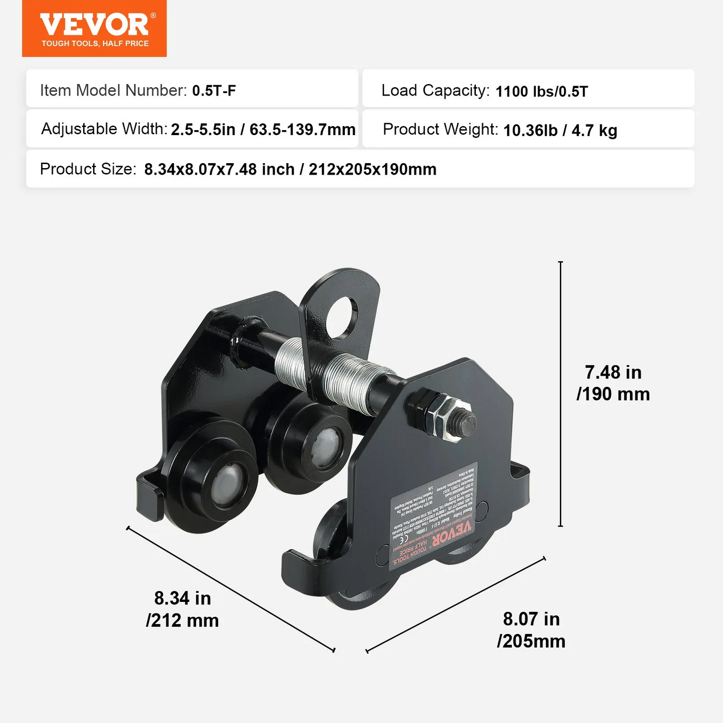 VEVOR Manual Trolley, 1100 lbs/0.5 Ton Load Capacity Push Beam Trolley with Dual Wheels,-$40