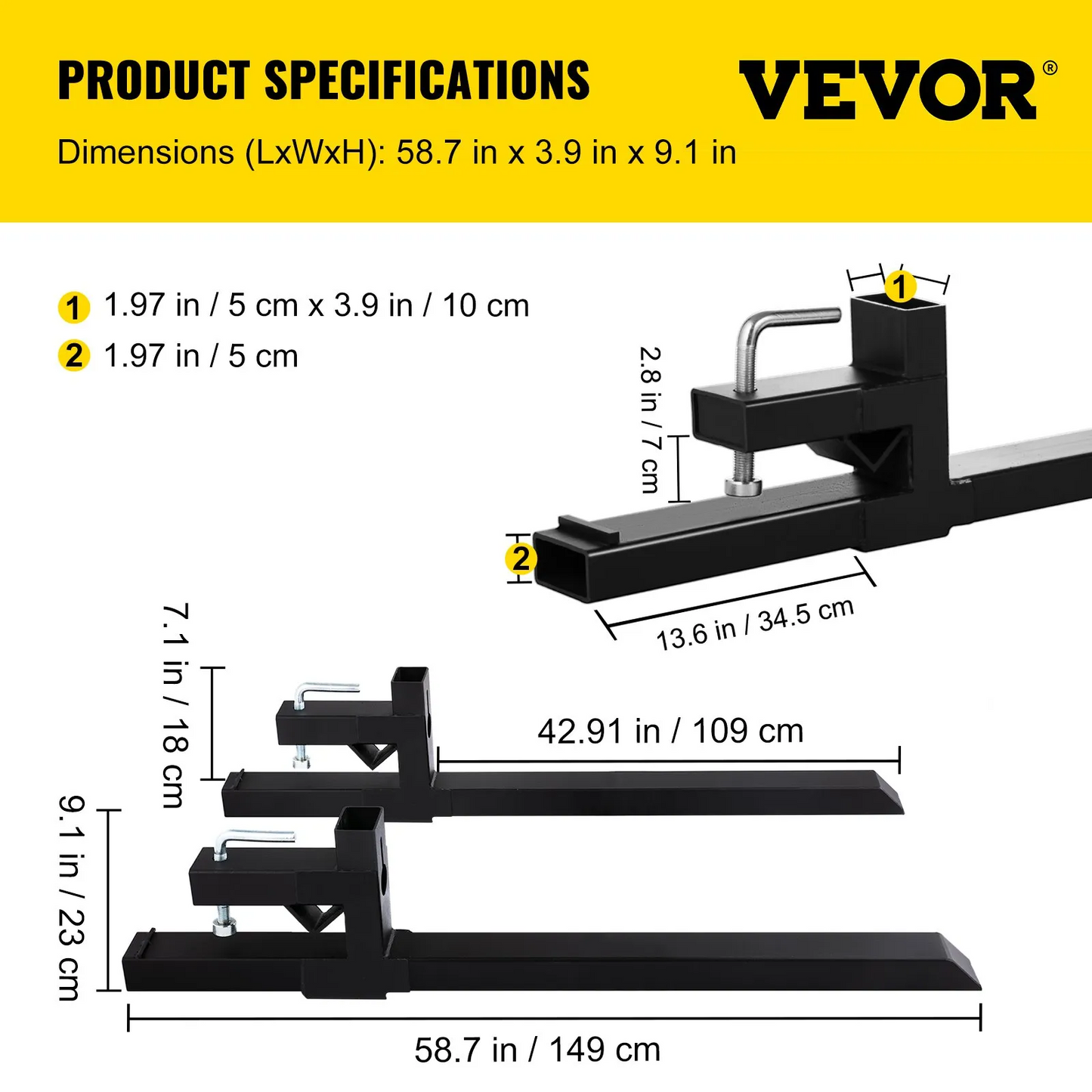 VEVOR Pallet Forks 42.9" 4000 Lbs Max, Clamp On Tractor Bucket Forks 58.7" Total Length,-$120