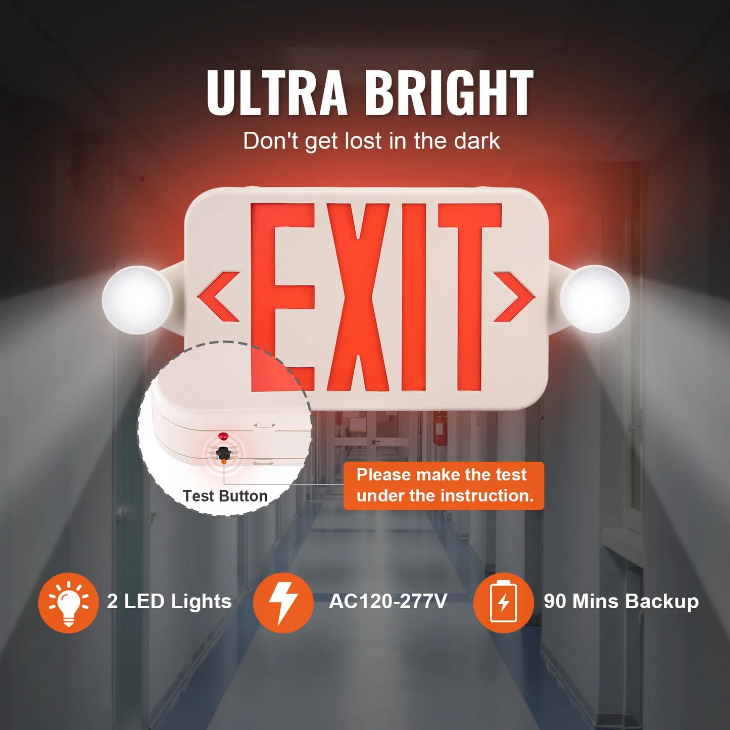 VEVOR LED Exit Sign with Emergency Lights, Two LED Adjustable Heads Emergency Exit Light w/Battery,-$40