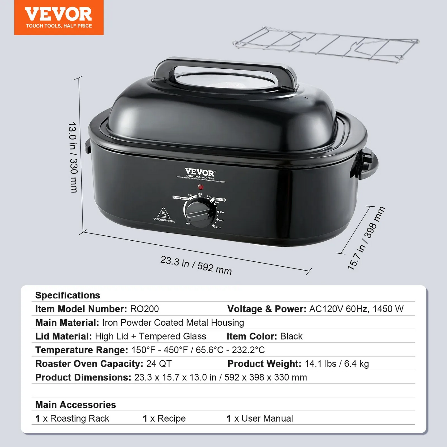 VEVOR Electric Roaster Oven, 24 QT Turkey Roaster Oven with Self-Basting Lid, 1450W Roaster Oven,-$105