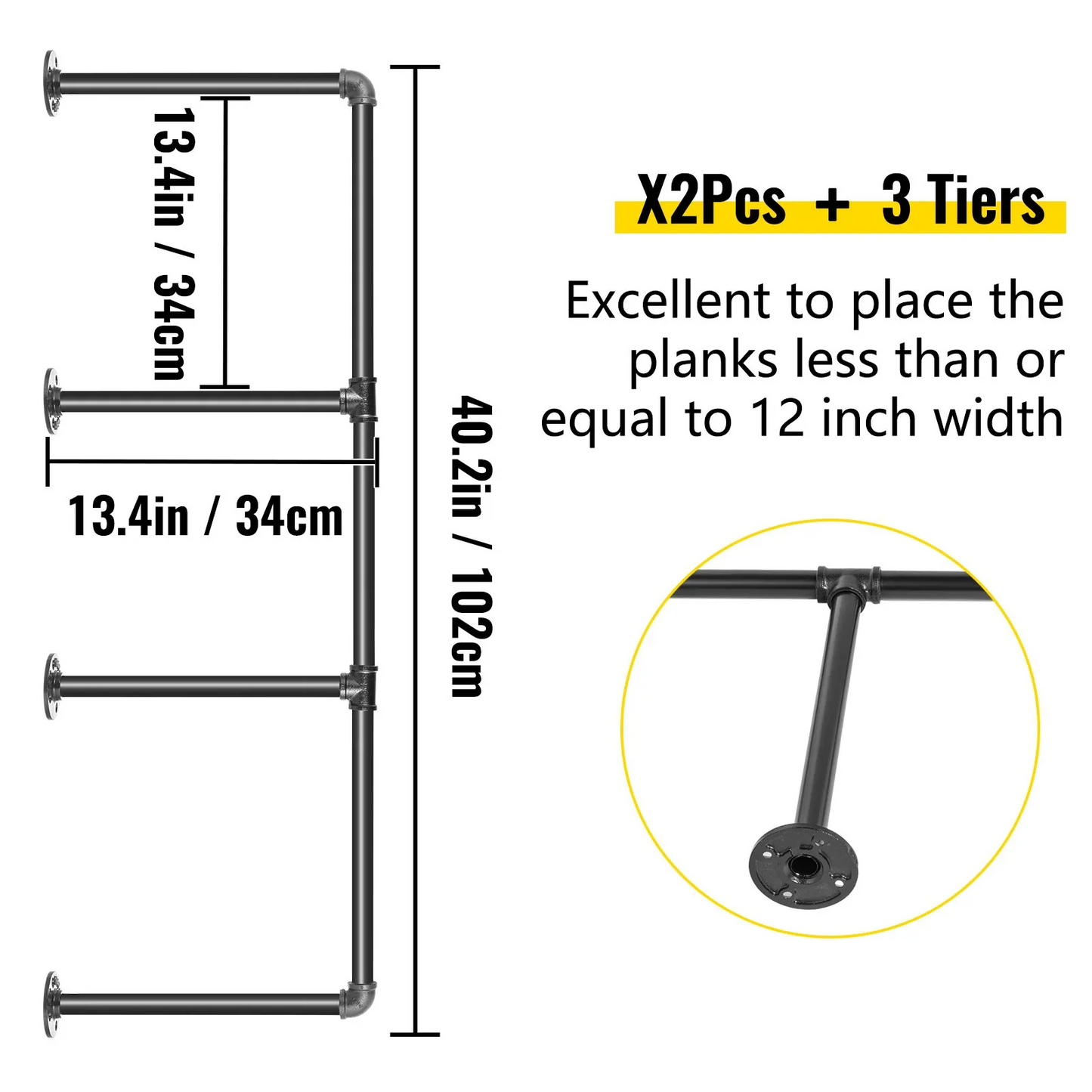 VEVOR Industrial Pipe Shelves 3-Tier Wall Mount Iron Pipe Shelves 2 PCS Pipe Shelving Vintage Black