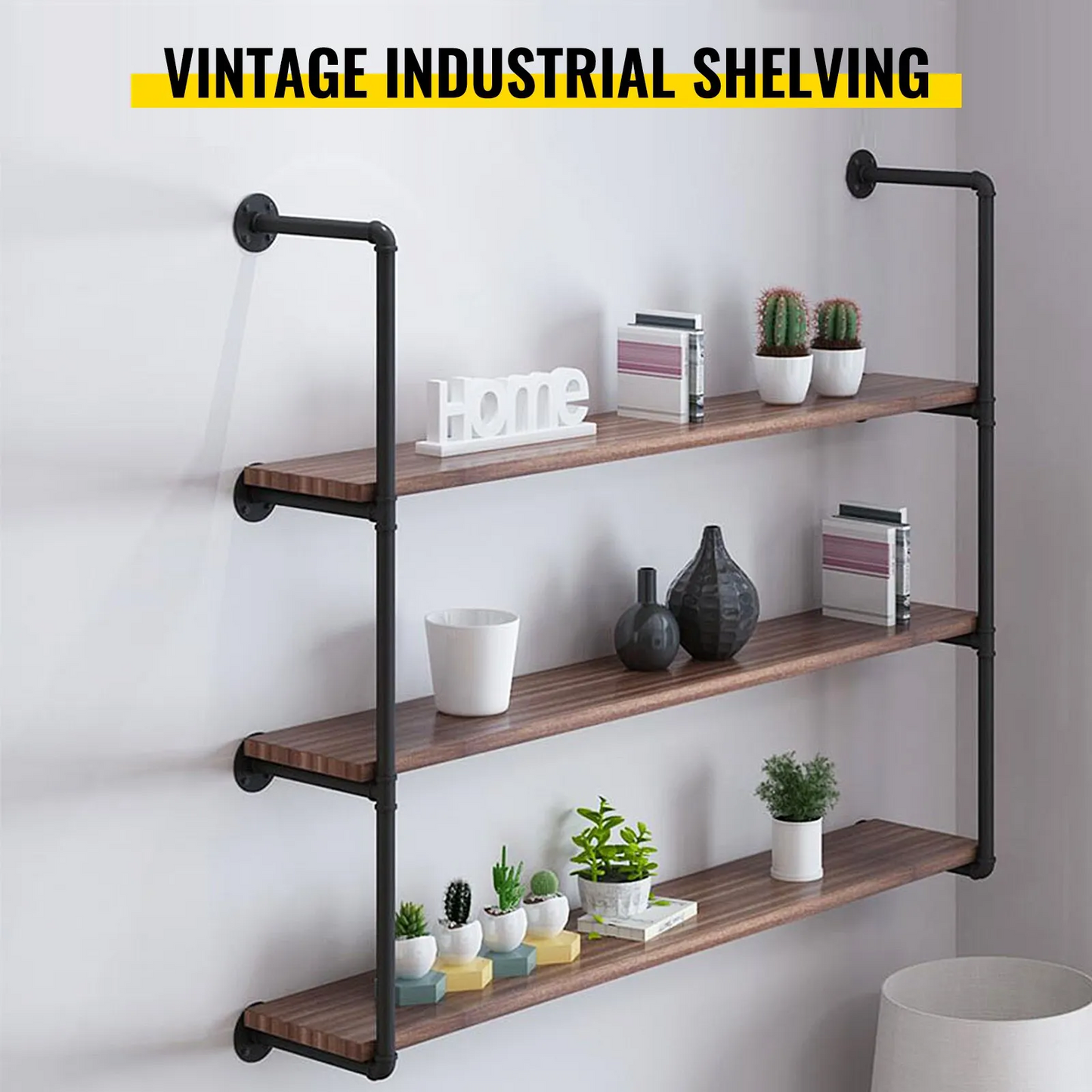 VEVOR Industrial Pipe Shelves 3-Tier Wall Mount Iron Pipe Shelves 2 PCS Pipe Shelving Vintage Black