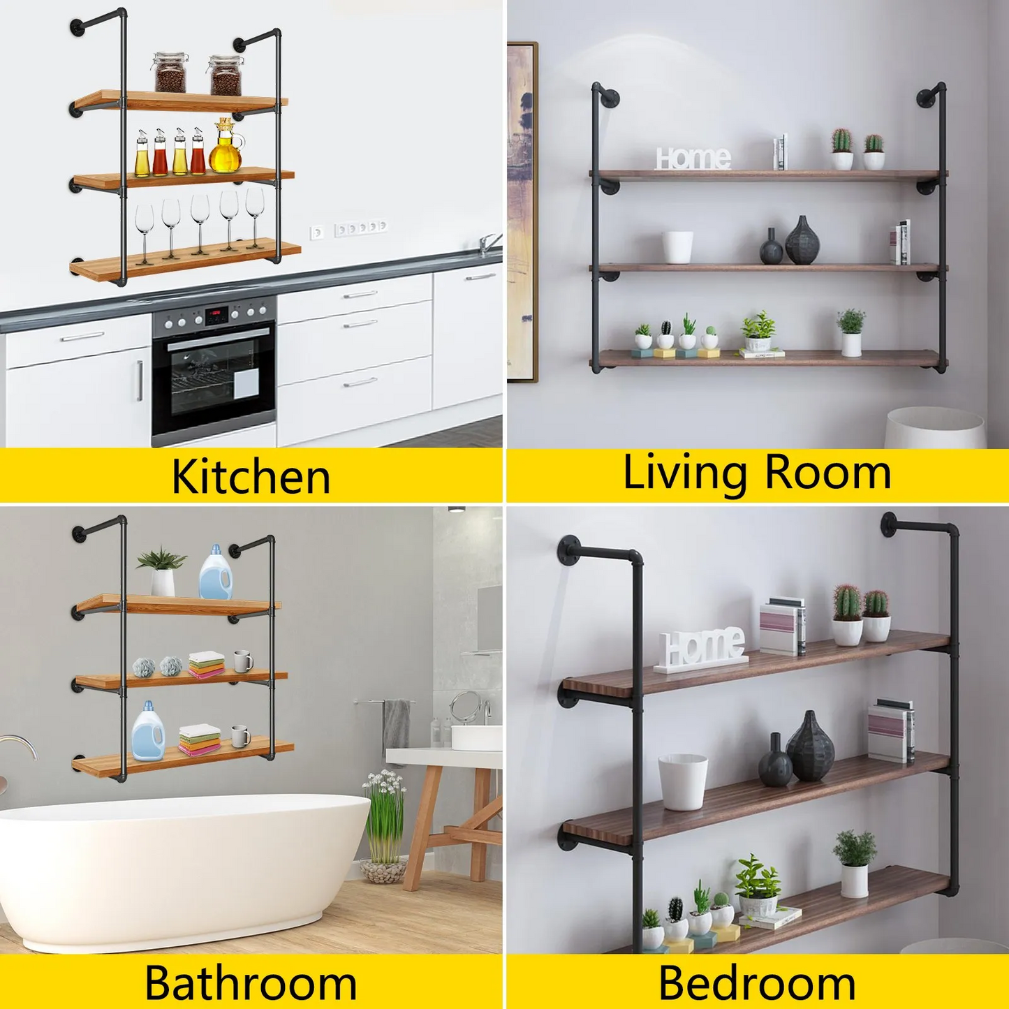 VEVOR Industrial Pipe Shelves 3-Tier Wall Mount Iron Pipe Shelves 2 PCS Pipe Shelving Vintage Black