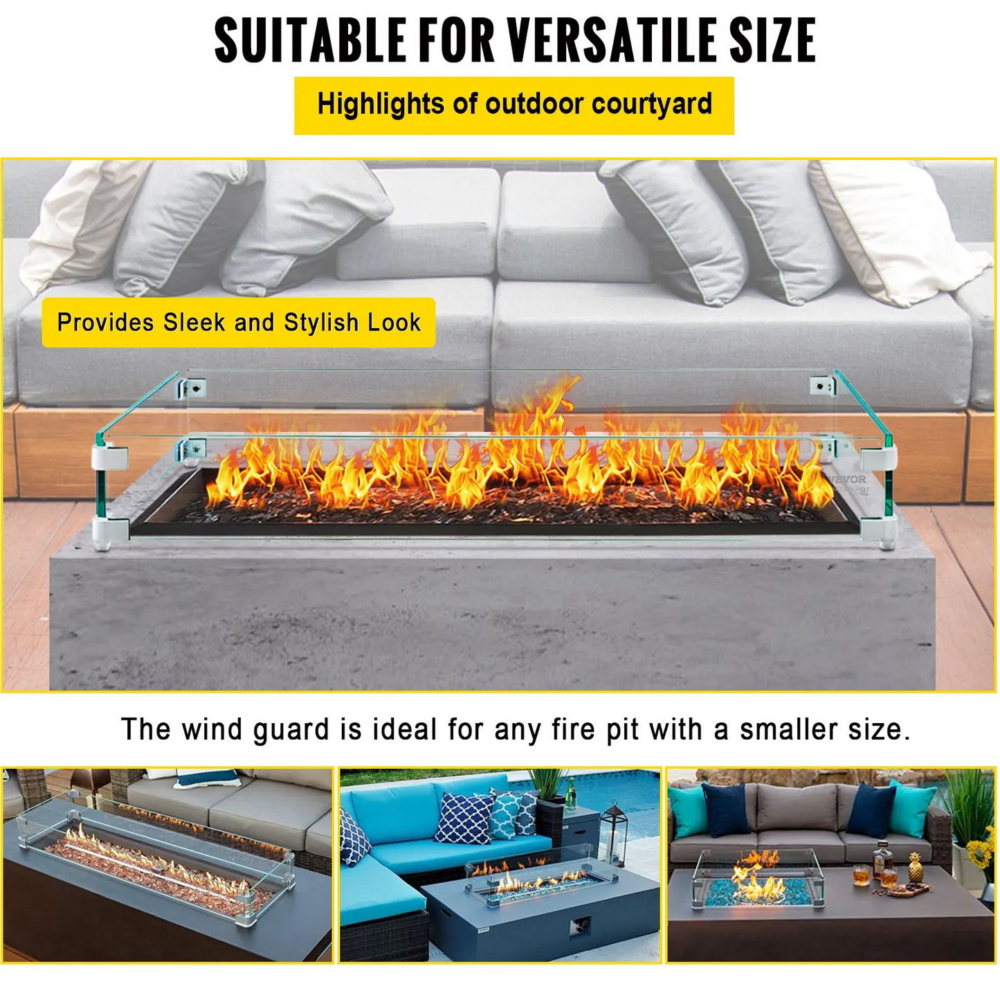 VEVOR Fire Pit Wind Guard, 43.5 x 17.5 x 6 Inch Glass Wind Guard, Rectangular Glass Shield,-$60