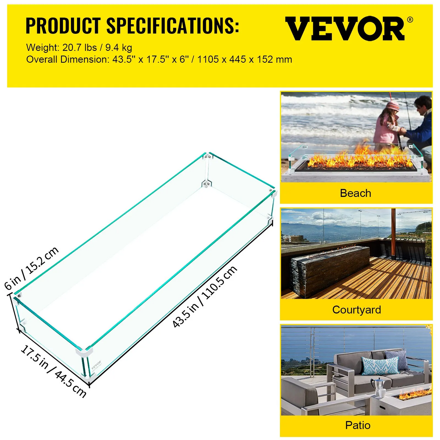 VEVOR Fire Pit Wind Guard, 43.5 x 17.5 x 6 Inch Glass Wind Guard, Rectangular Glass Shield,-$60