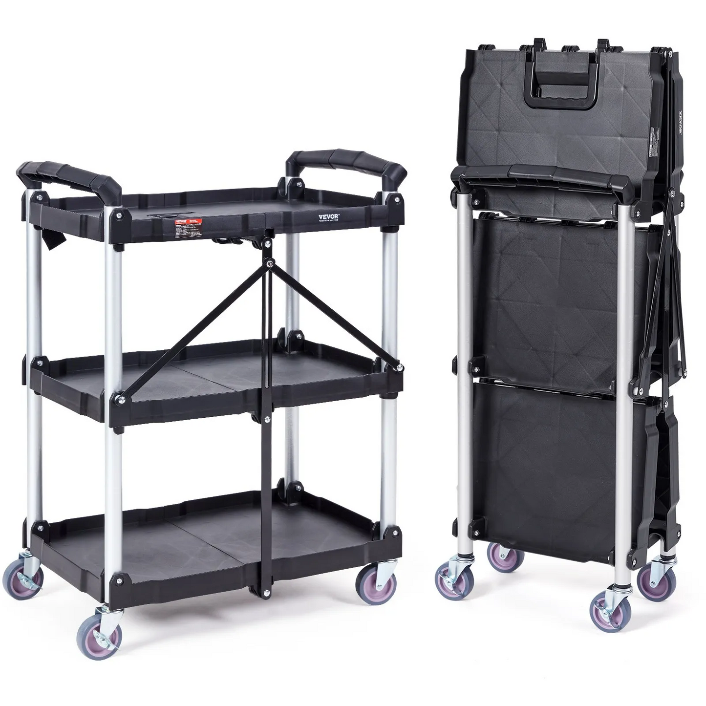 VEVOR Foldable Utility Service Cart, 3 Shelf 165LBS Heavy Duty Plastic Rolling Cart with Swivel Wheels,-$80