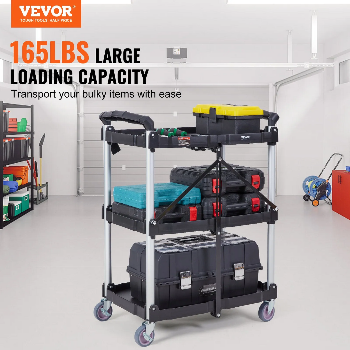 VEVOR Foldable Utility Service Cart, 3 Shelf 165LBS Heavy Duty Plastic Rolling Cart with Swivel Wheels,-$80