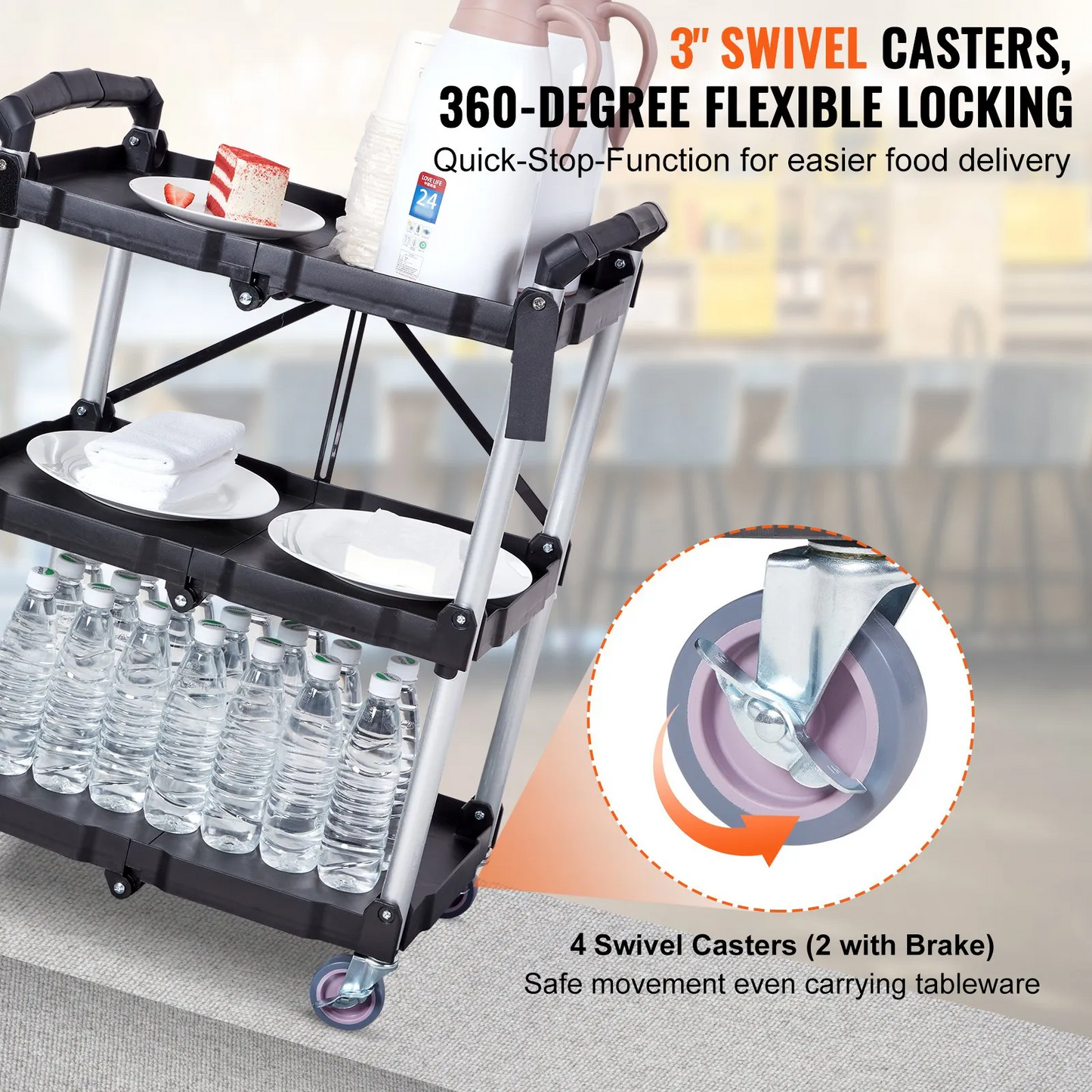 VEVOR Foldable Utility Service Cart, 3 Shelf 165LBS Heavy Duty Plastic Rolling Cart with Swivel Wheels,-$80