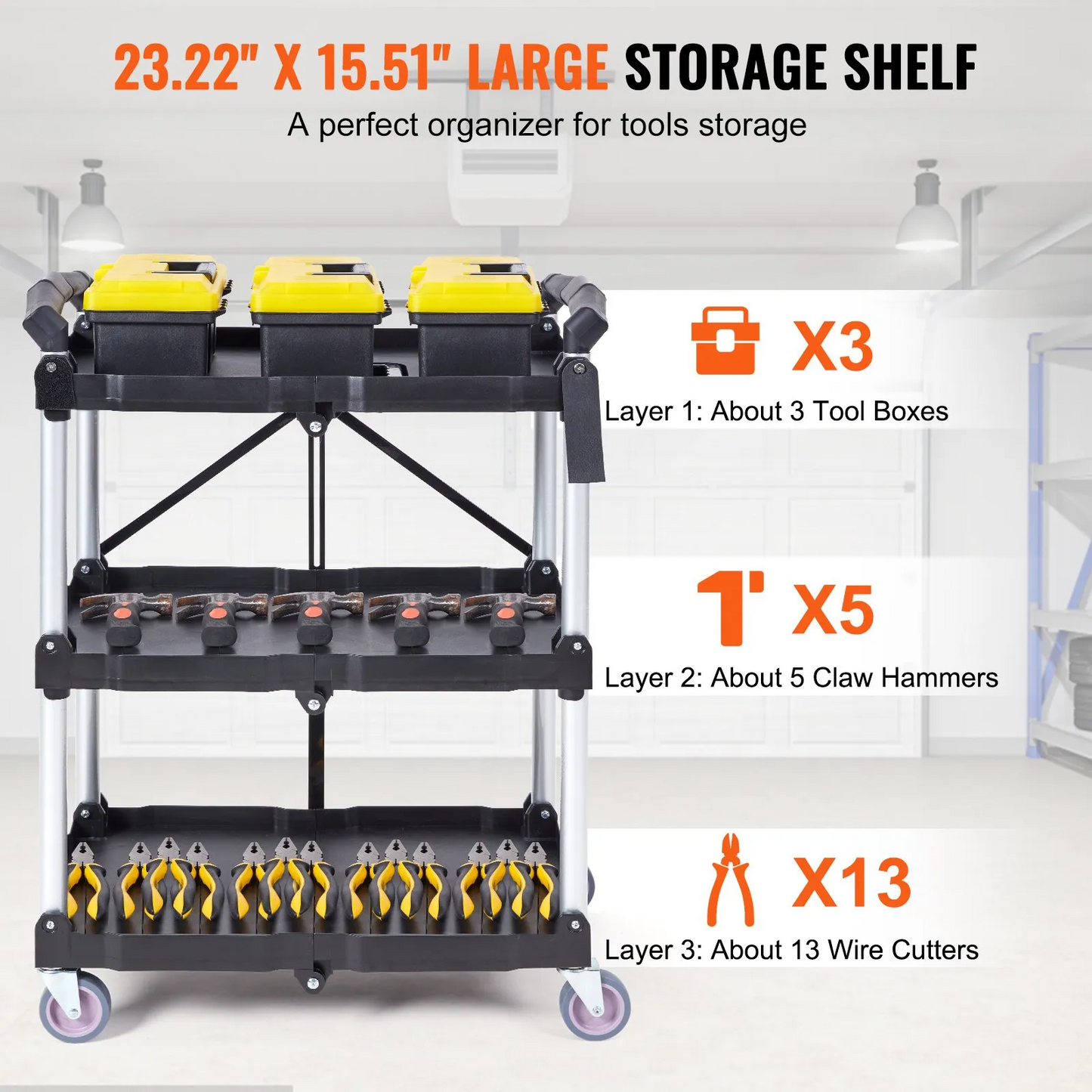 VEVOR Foldable Utility Service Cart, 3 Shelf 165LBS Heavy Duty Plastic Rolling Cart with Swivel Wheels,-$80