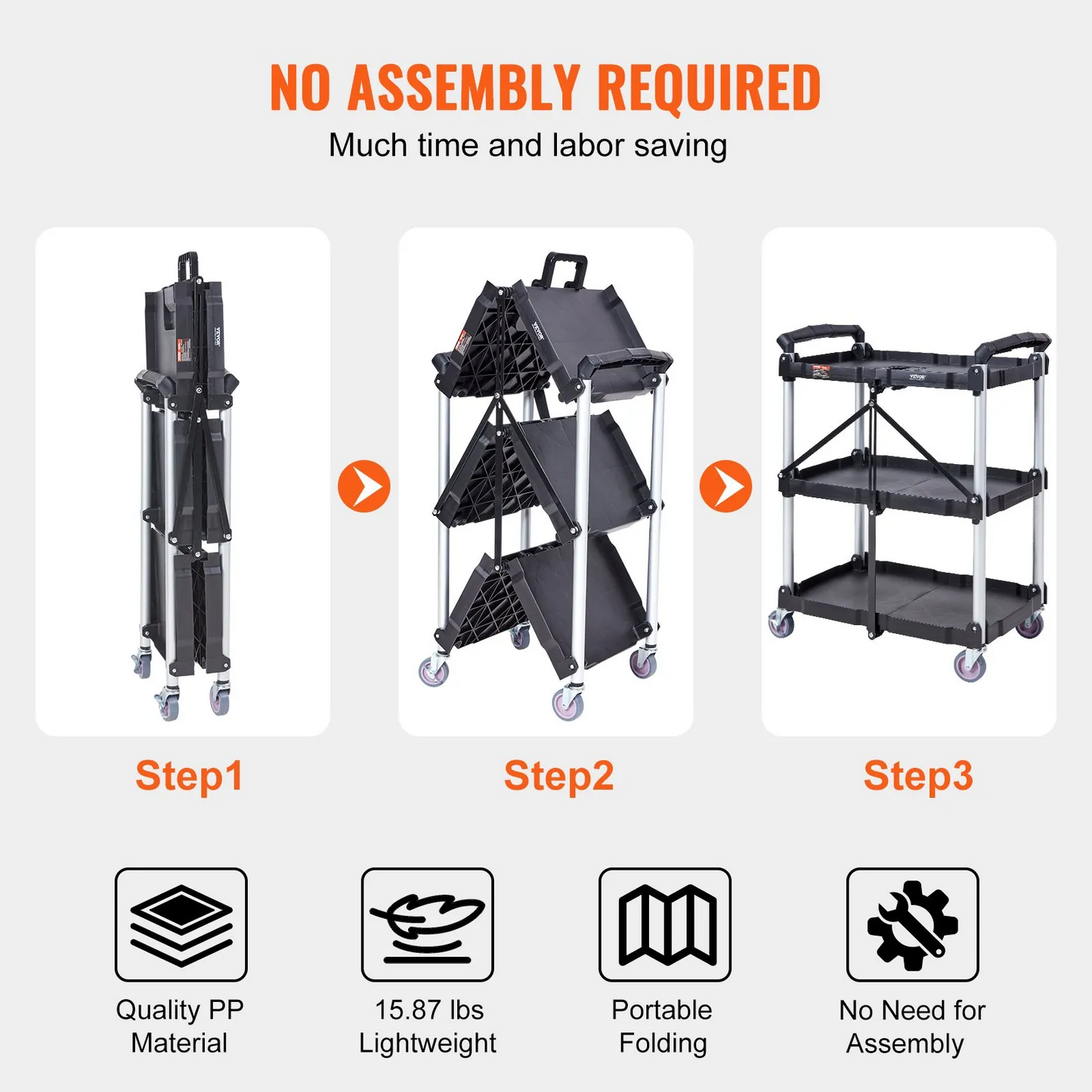 VEVOR Foldable Utility Service Cart, 3 Shelf 165LBS Heavy Duty Plastic Rolling Cart with Swivel Wheels,-$80