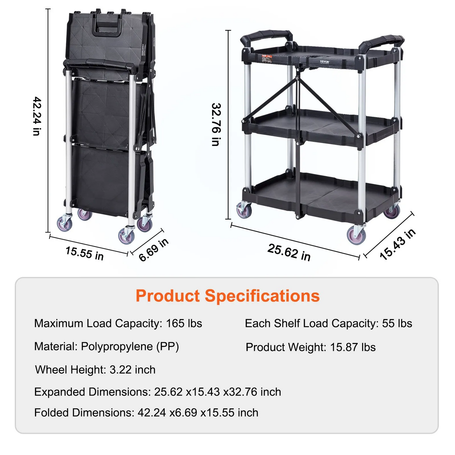 VEVOR Foldable Utility Service Cart, 3 Shelf 165LBS Heavy Duty Plastic Rolling Cart with Swivel Wheels,-$80