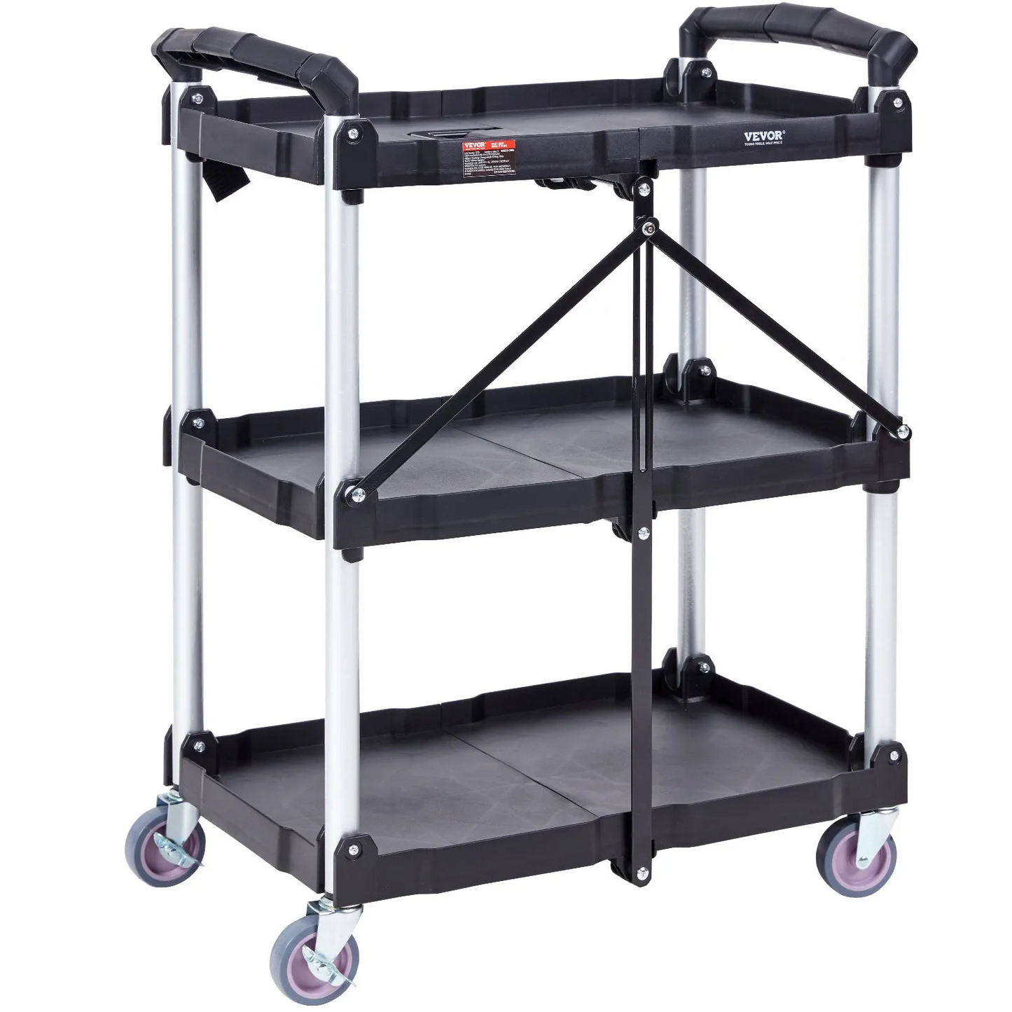 VEVOR Foldable Utility Service Cart, 3 Shelf 165LBS Heavy Duty Plastic Rolling Cart with Swivel Wheels,-$80