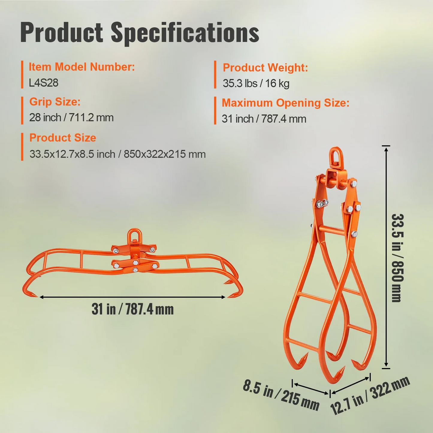 VEVOR Timber Claw Hook, 28 inch 4 Claw Log Grapple for Logging Tongs, Swivel Steel Log Lifting Tongs,-$70