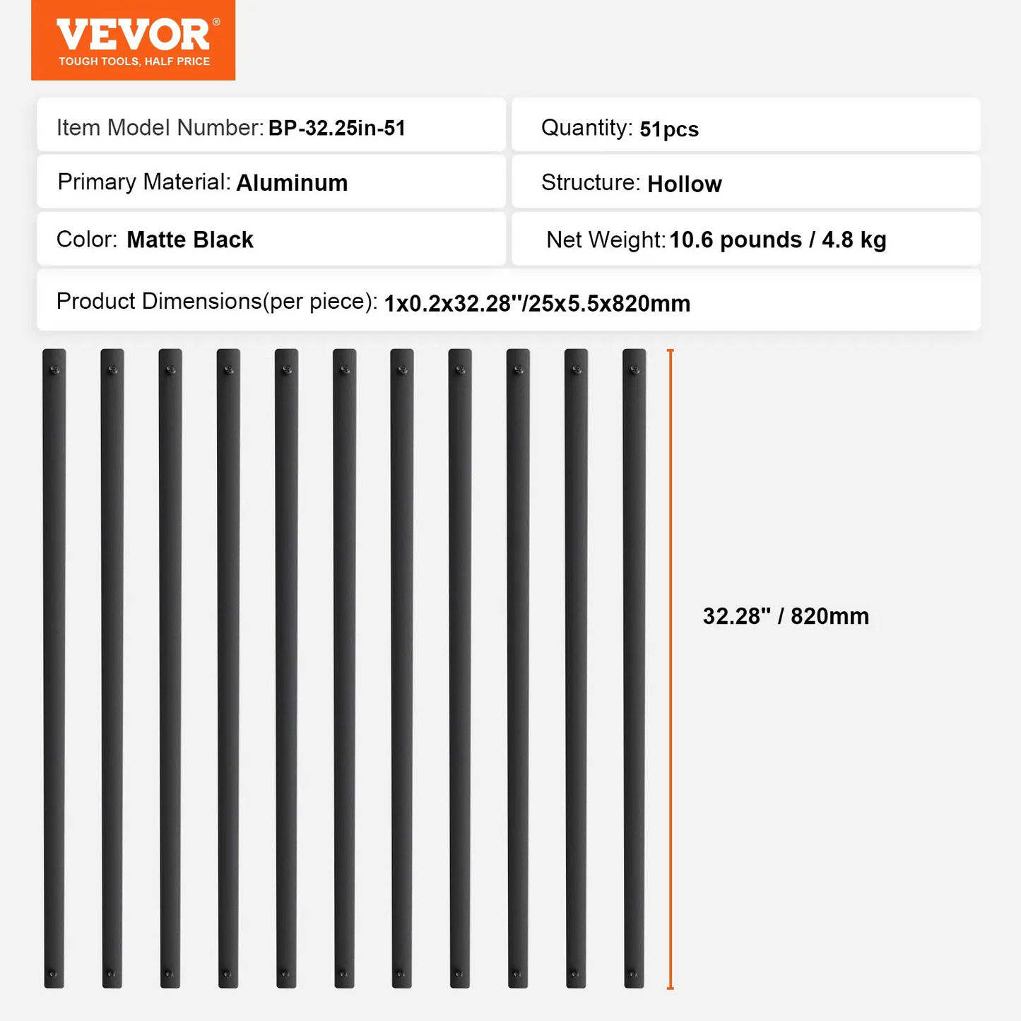 VEVOR Staircase Metal Balusters, 32.28"x1"x0.2" Flat Aluminum Alloy Decorative Banister Spindles, 51 Pack-$85
