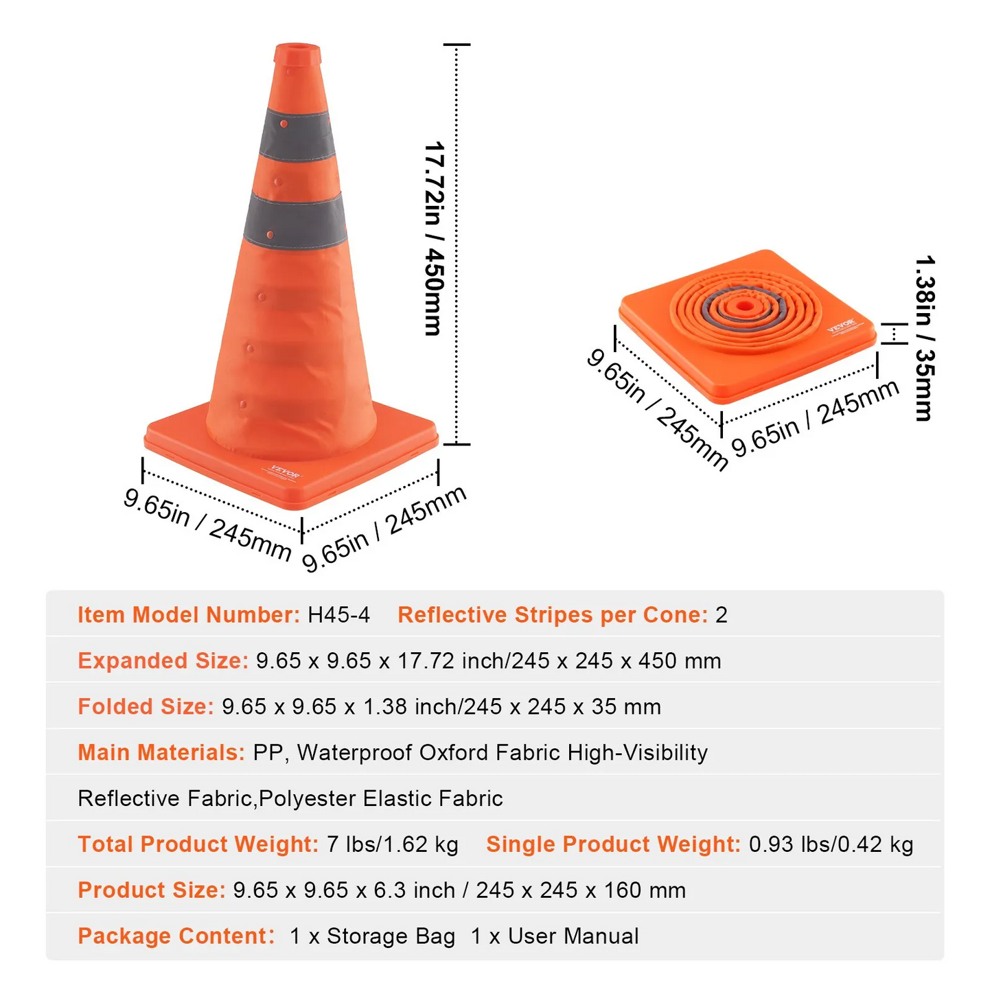 VEVOR Safety Cones, 4 Pack 18 inch Collapsible Traffic Cones, Construction Cones with Reflective Collars,-$25