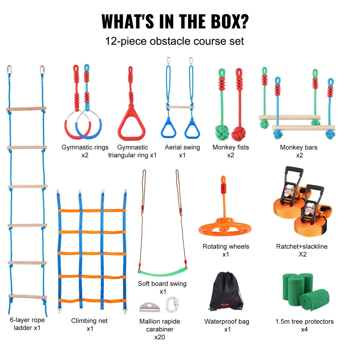 VEVOR Ninja Warrior Obstacle Course for Kids, 2 x 65 ft Weatherproof Slacklines, 500lbs Weight Capacity,-$85