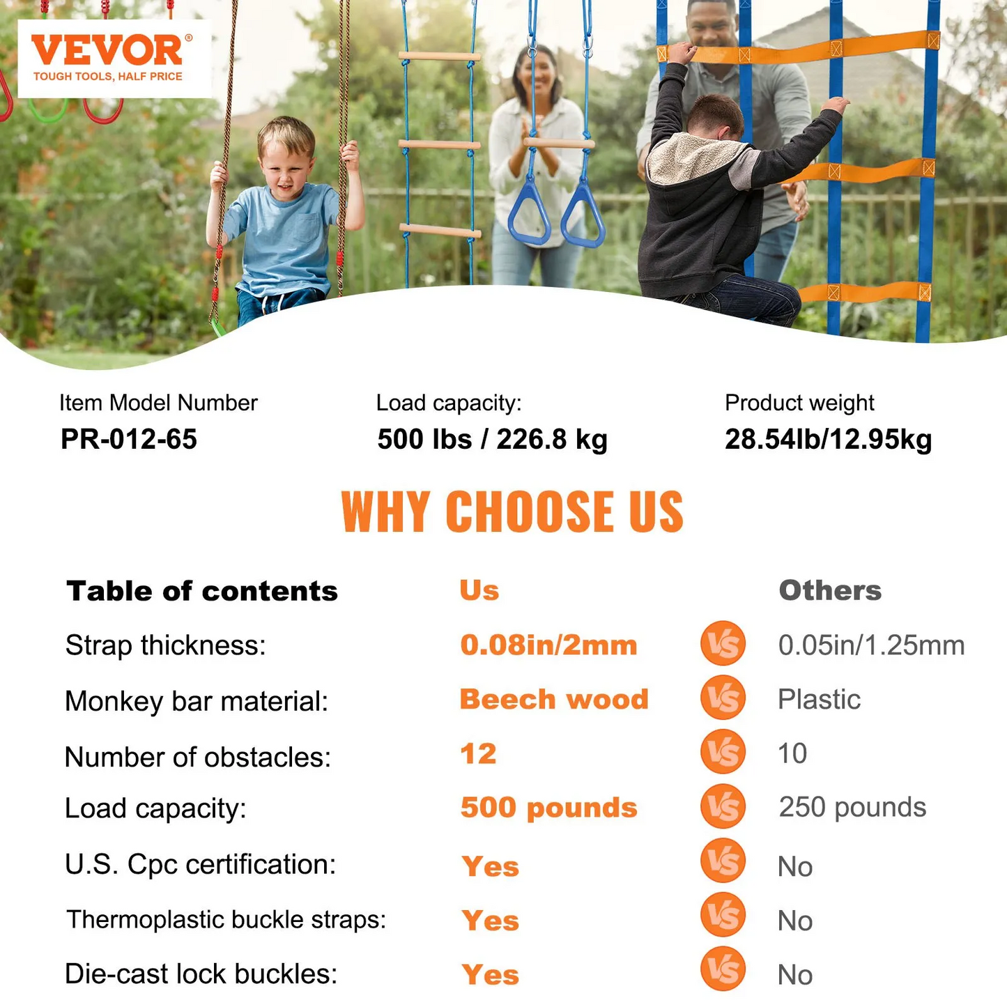 VEVOR Ninja Warrior Obstacle Course for Kids, 2 x 65 ft Weatherproof Slacklines, 500lbs Weight Capacity,-$85