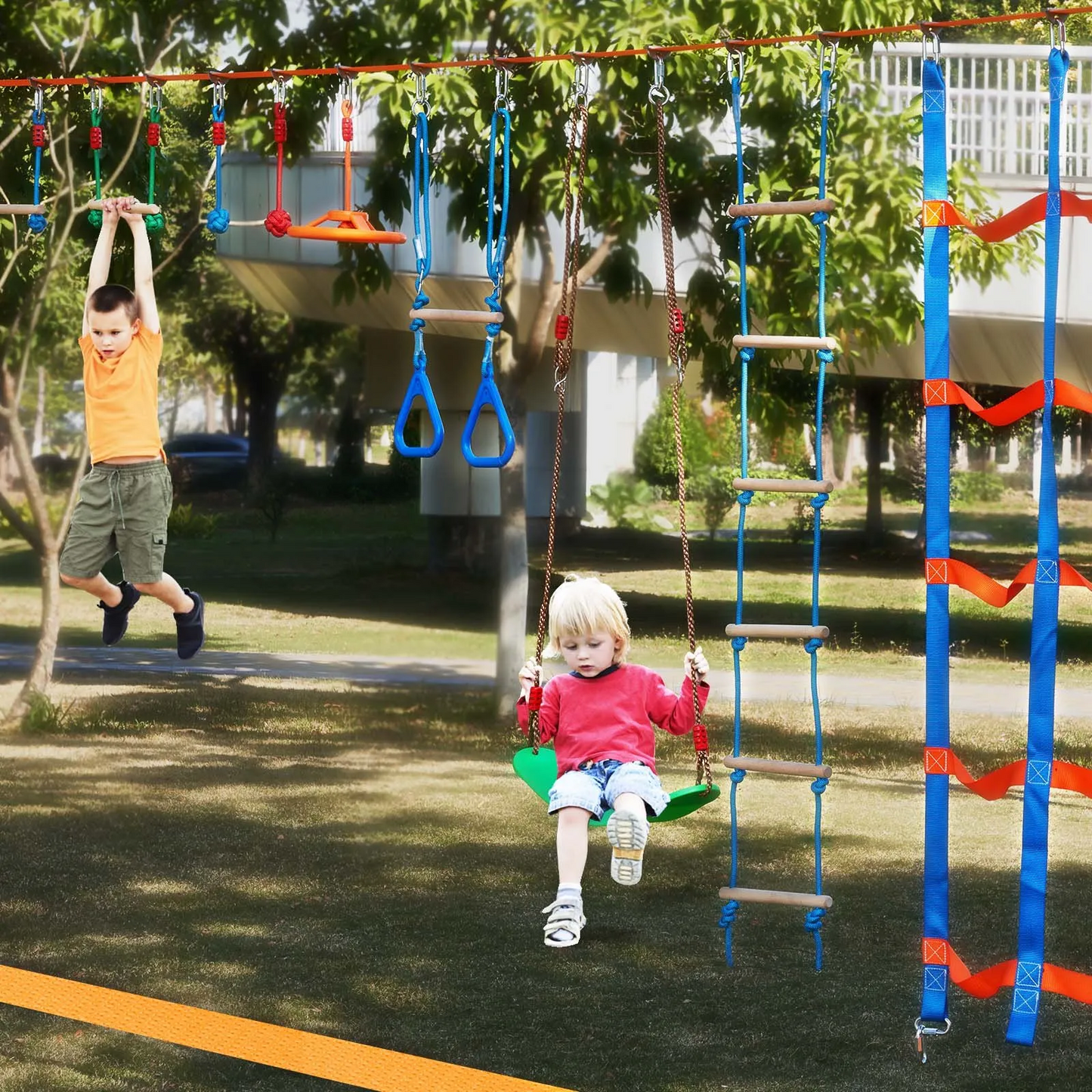 VEVOR Ninja Warrior Obstacle Course for Kids, 2 x 65 ft Weatherproof Slacklines, 500lbs Weight Capacity,-$85