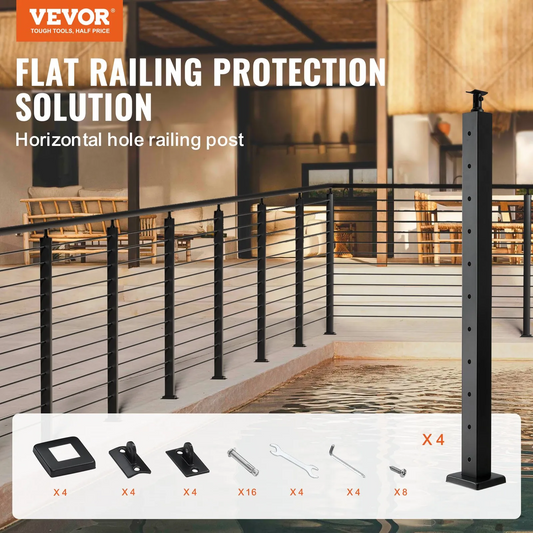 VEVOR 4-Pack Cable Railing Post, 36" x 2" x 2" Steel Horizontal Hole Deck Railing Post, 10 Pre-Drilled Holes,-$130