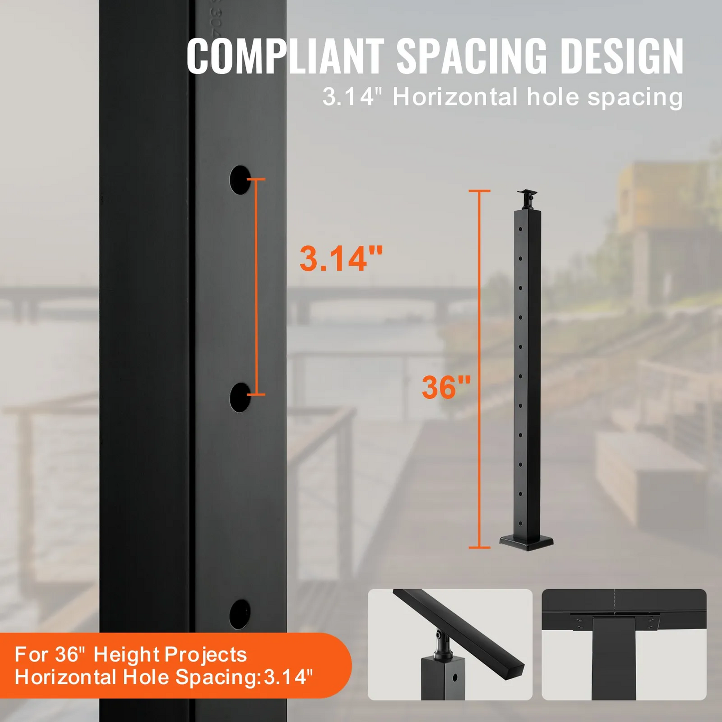 VEVOR 4-Pack Cable Railing Post, 36" x 2" x 2" Steel Horizontal Hole Deck Railing Post, 10 Pre-Drilled Holes,-$130