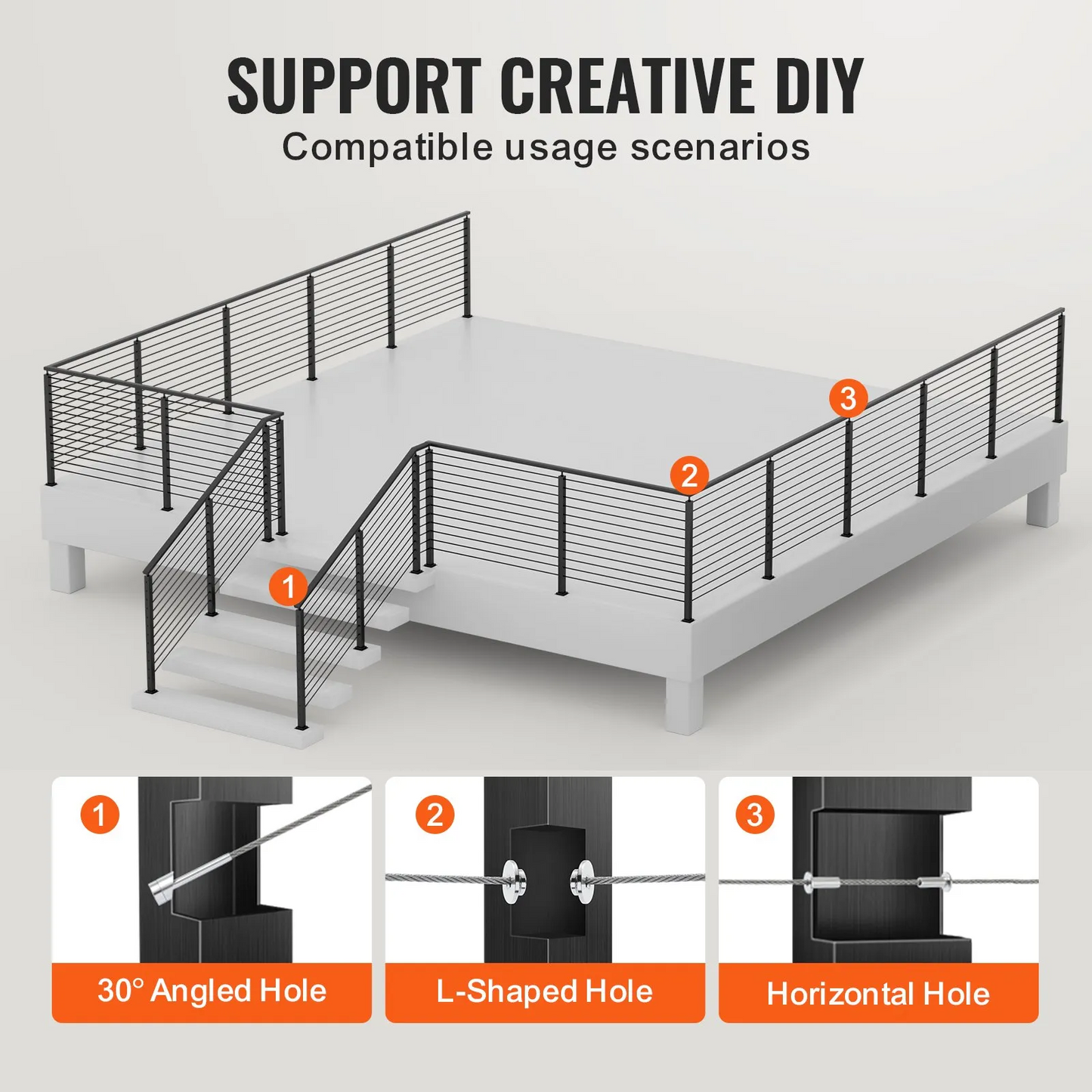 VEVOR 4-Pack Cable Railing Post, 36" x 2" x 2" Steel Horizontal Hole Deck Railing Post, 10 Pre-Drilled Holes,-$130
