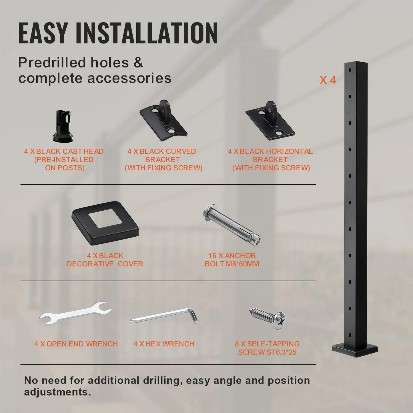 VEVOR 4-Pack Cable Railing Post, 36" x 2" x 2" Steel Horizontal Hole Deck Railing Post, 10 Pre-Drilled Holes,-$130