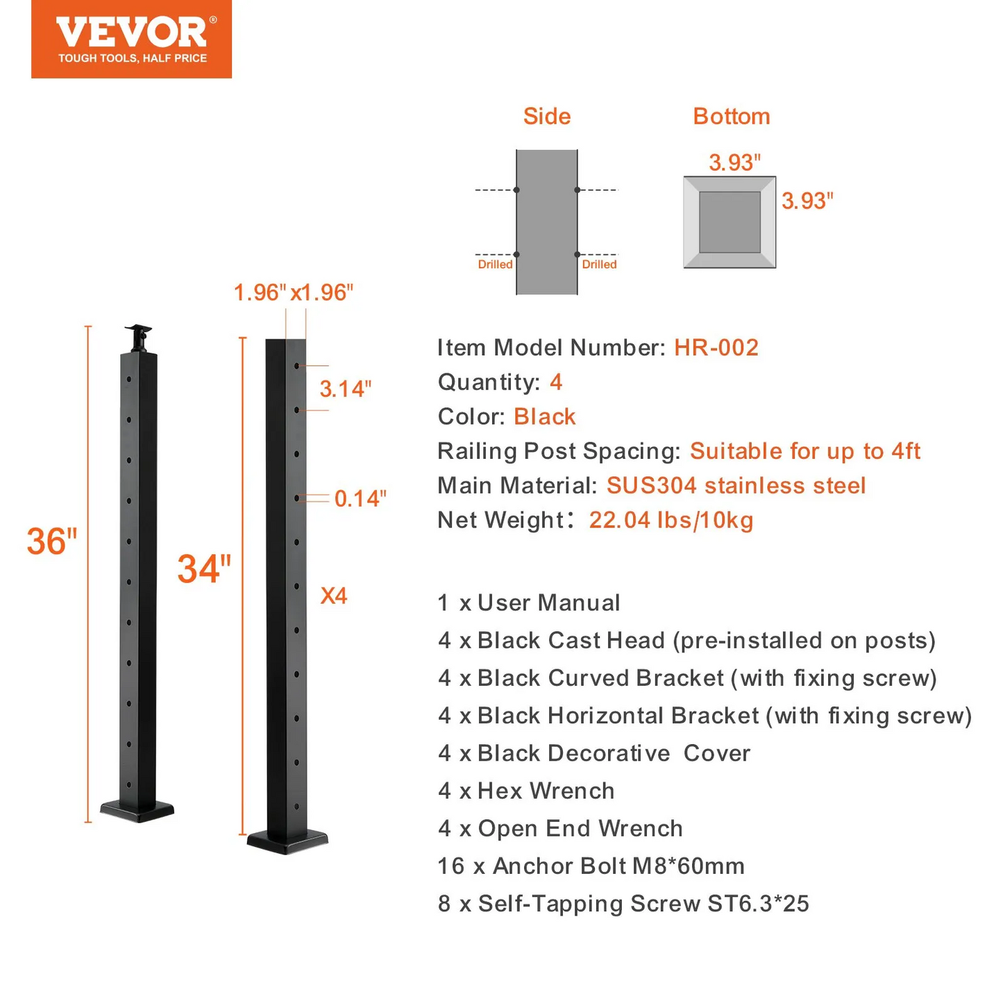 VEVOR 4-Pack Cable Railing Post, 36" x 2" x 2" Steel Horizontal Hole Deck Railing Post, 10 Pre-Drilled Holes,-$130