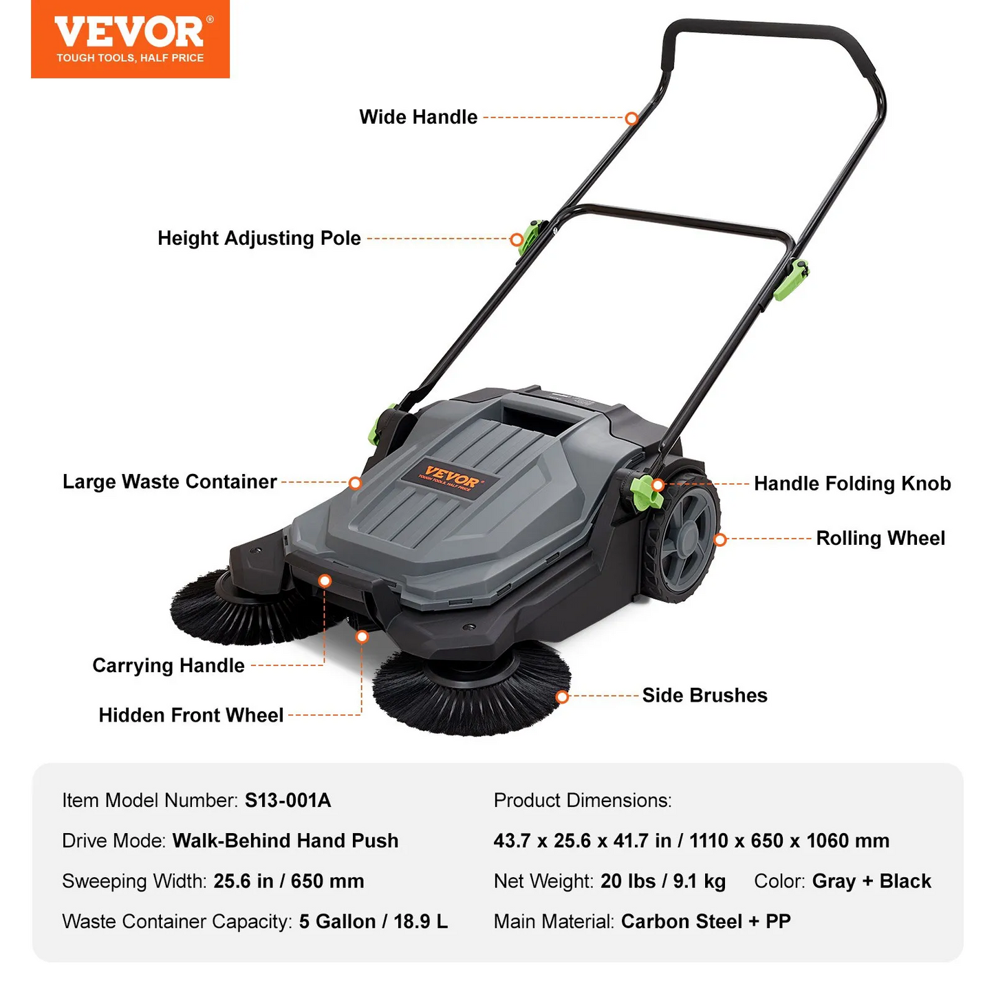 VEVOR Walk-Behind Hand Push Floor Sweeper, 25.6" Sweeping Width Floor Sweeper Manual Non-Electric,-$90
