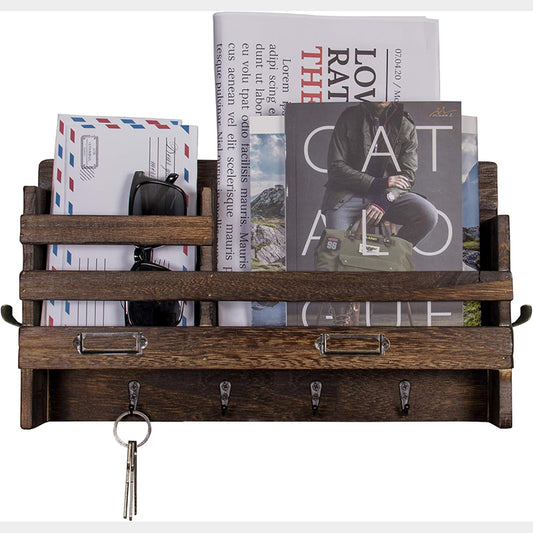 BNIB-Wall Mounted Mail Holder with 4 Key Hooks for Coat, Key Entryway Organizer,(Brown)