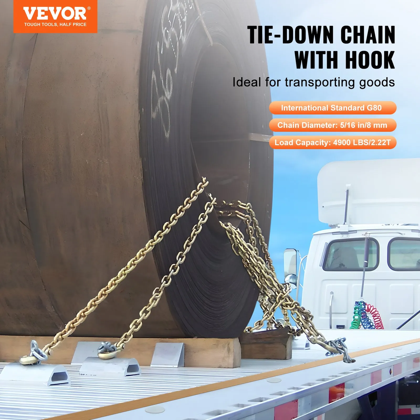 VEVOR G80 Transport Binder Chain, 5/16" x 10.3' 2-Pack Tow Chain with Clevis Grab Hooks,-$40