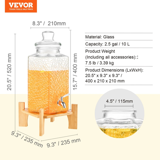 VEVOR Beverage Dispenser, 2.5 Gallon Drink Dispensers for Parties, Glass Juice Dispenser with Stand,-$40
