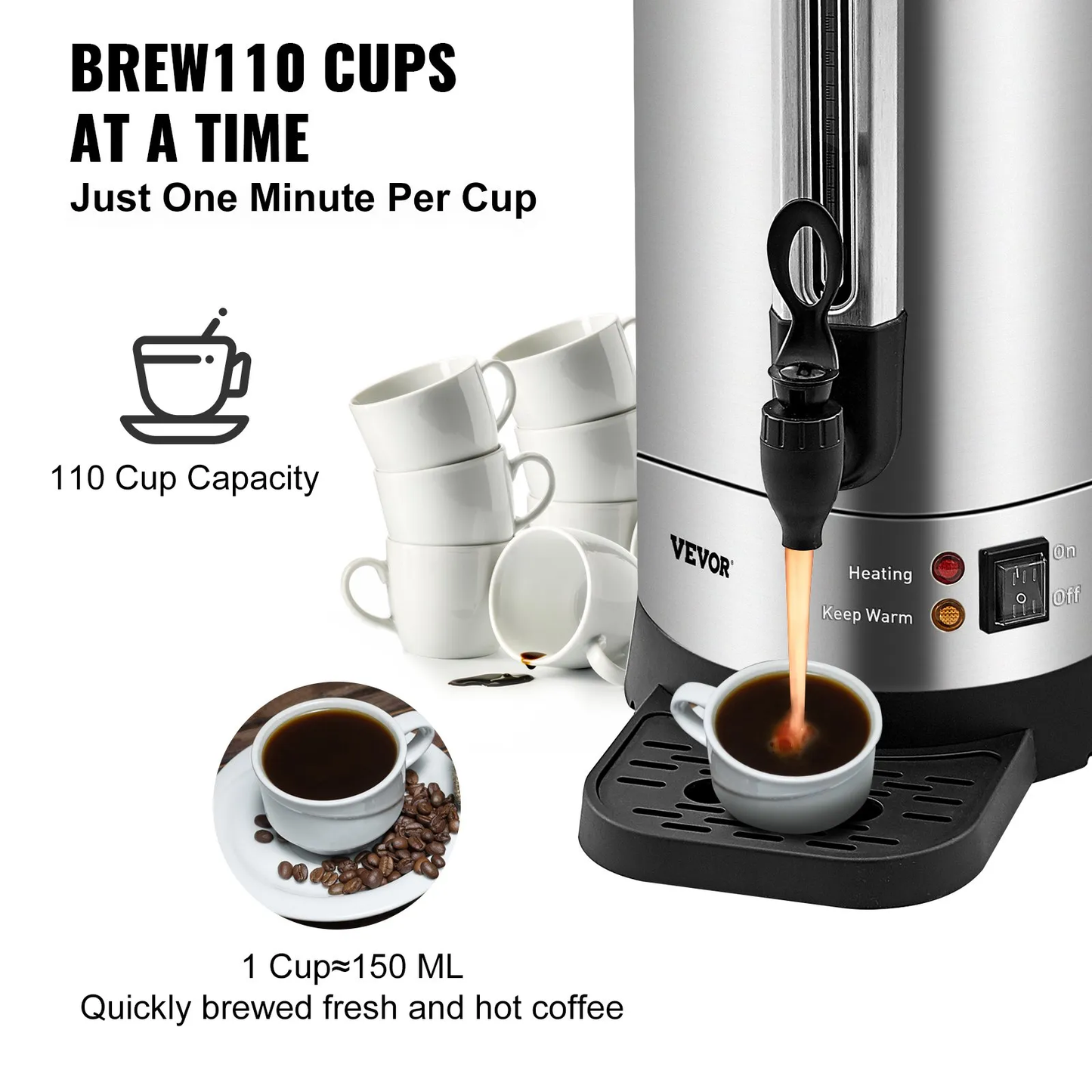 VEVOR Commercial Coffee Urn, 110 Cups Stainless Steel Large Coffee Dispenser, 1500W 110V Electric Coffee,-$100