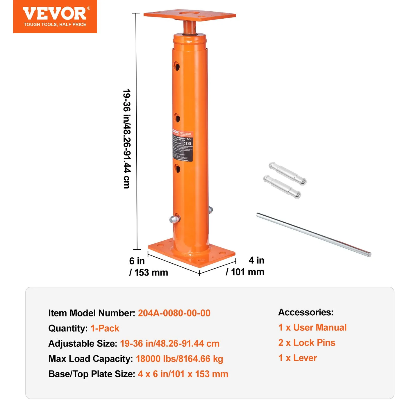 VEVOR House Floor Jack, 19"-36" Height Range, 18000 lbs Max Load Capacity, Adjustable Support Beam,-$40
