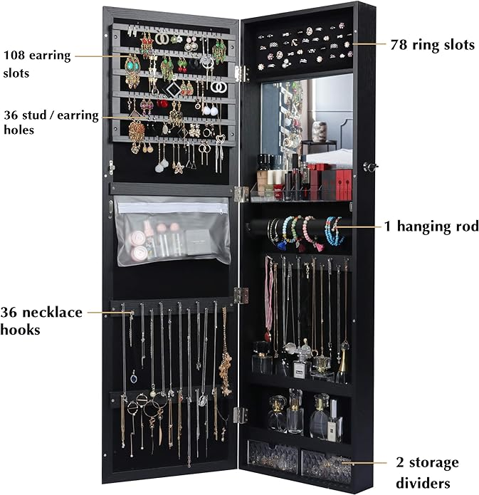 Brand New-Jewelry Closet Lockable Jewelry Cabinet Wall / Door Mounted Jewelry Organizer - Black,