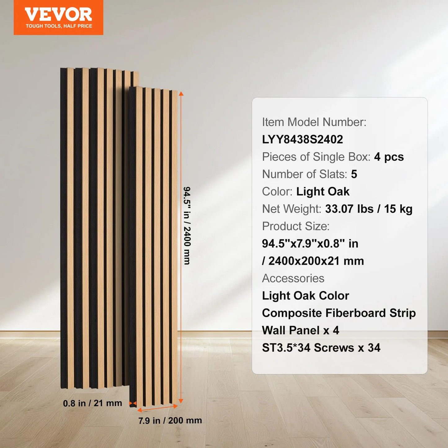 VEVOR Wood Slat Acoustic Panels 7.9 x 94.5 inch for Modern Wall Decor Light Oak,-$70