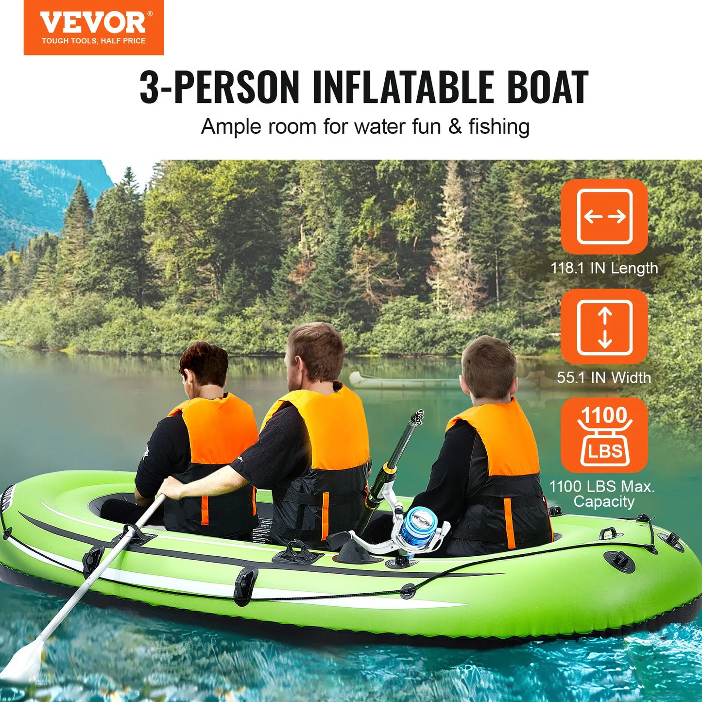VEVOR Inflatable Boat, 3-Person Inflatable Fishing Boat, Strong PVC Portable Boat Raft Kayak,-$100