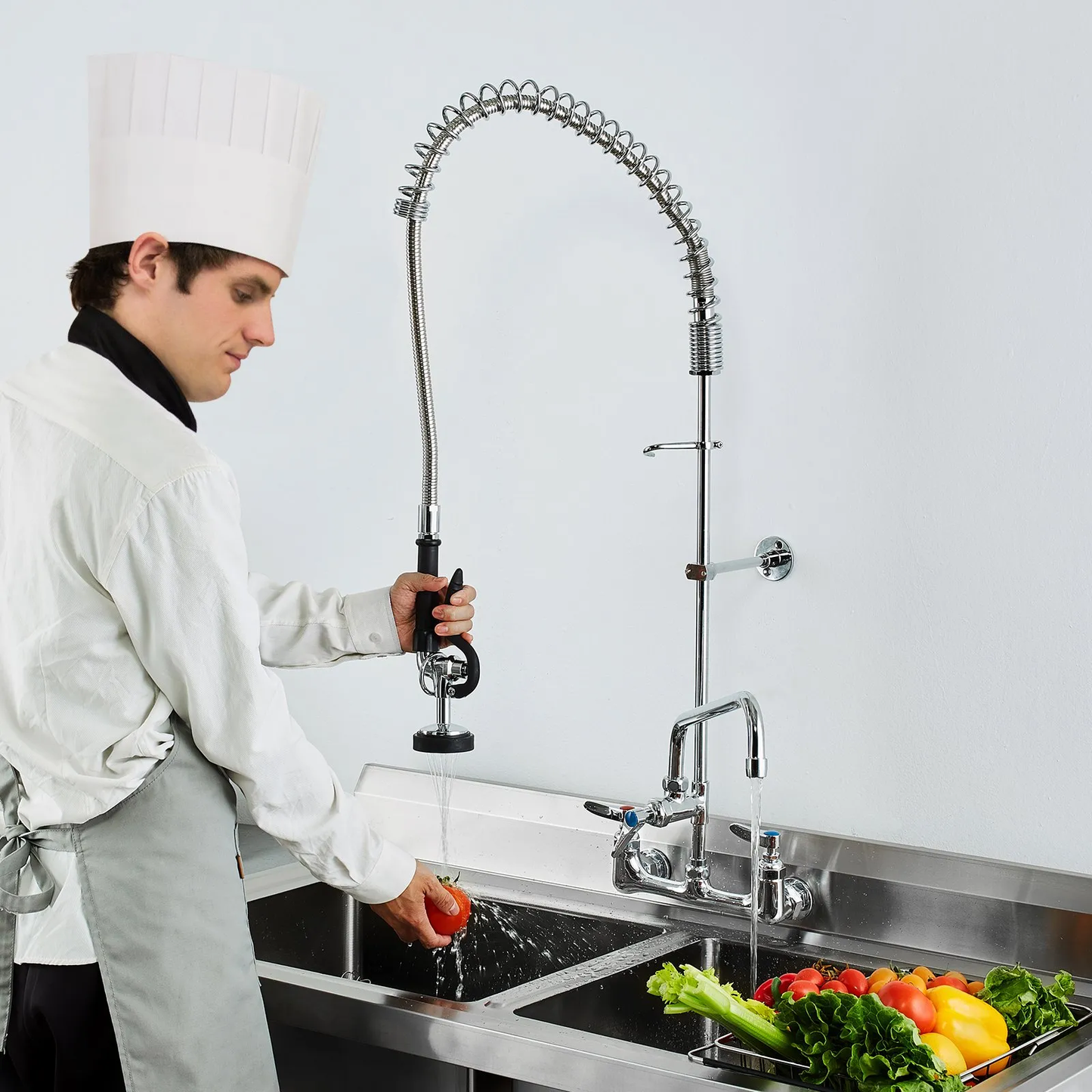 VEVOR Commercial Faucet with Pre-Rinse Sprayer, 44" Height, 8" Center, 12" Swing Spout,-$110