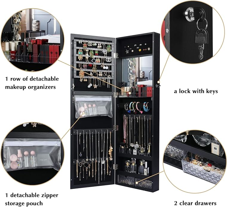 Brand New-Jewelry Closet Lockable Jewelry Cabinet Wall / Door Mounted Jewelry Organizer - Black,