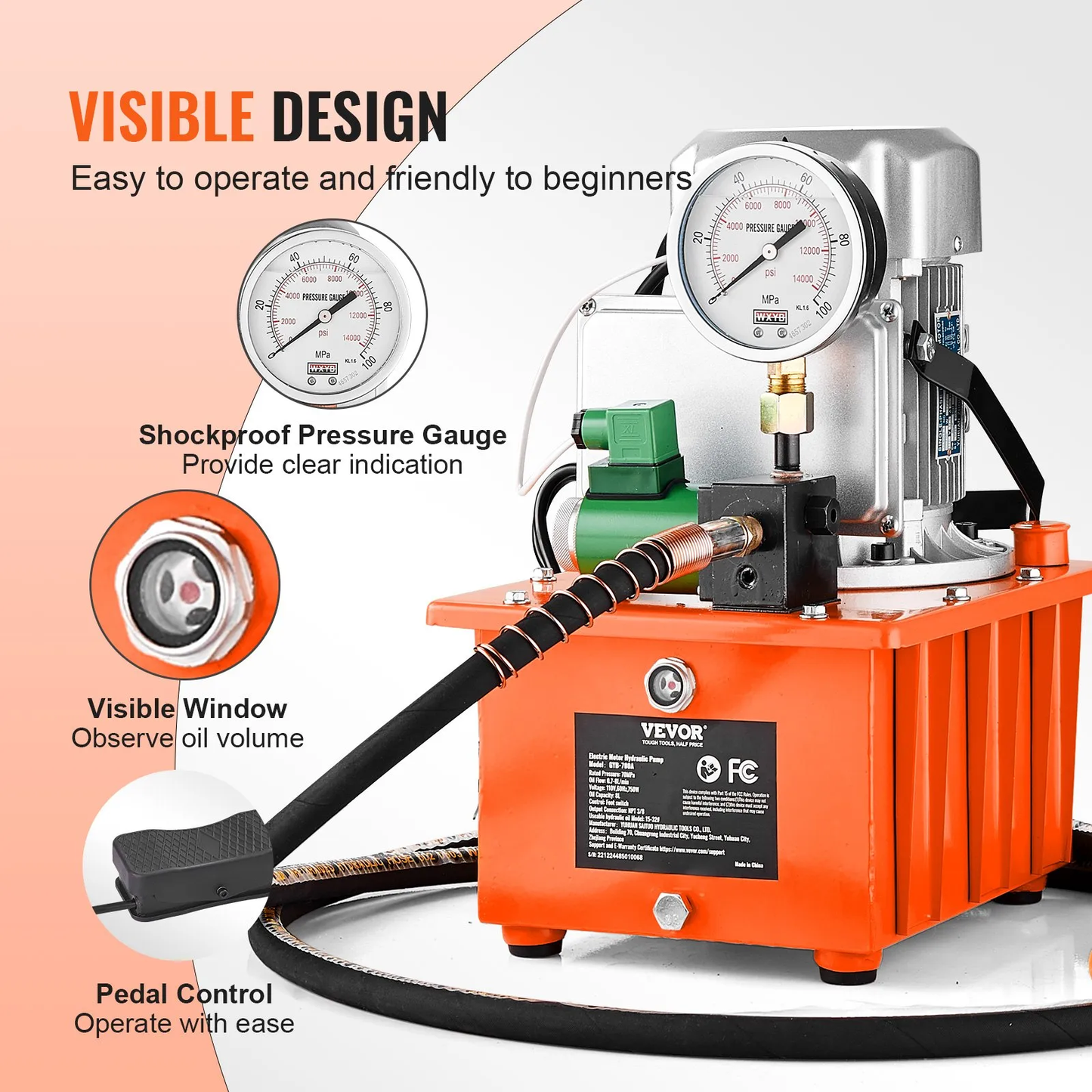 VEVOR Electric Hydraulic Pump, 10000 PSI 750W 110V 488 in³/8L Capacity, Single Acting Solenoid Valve,-$220