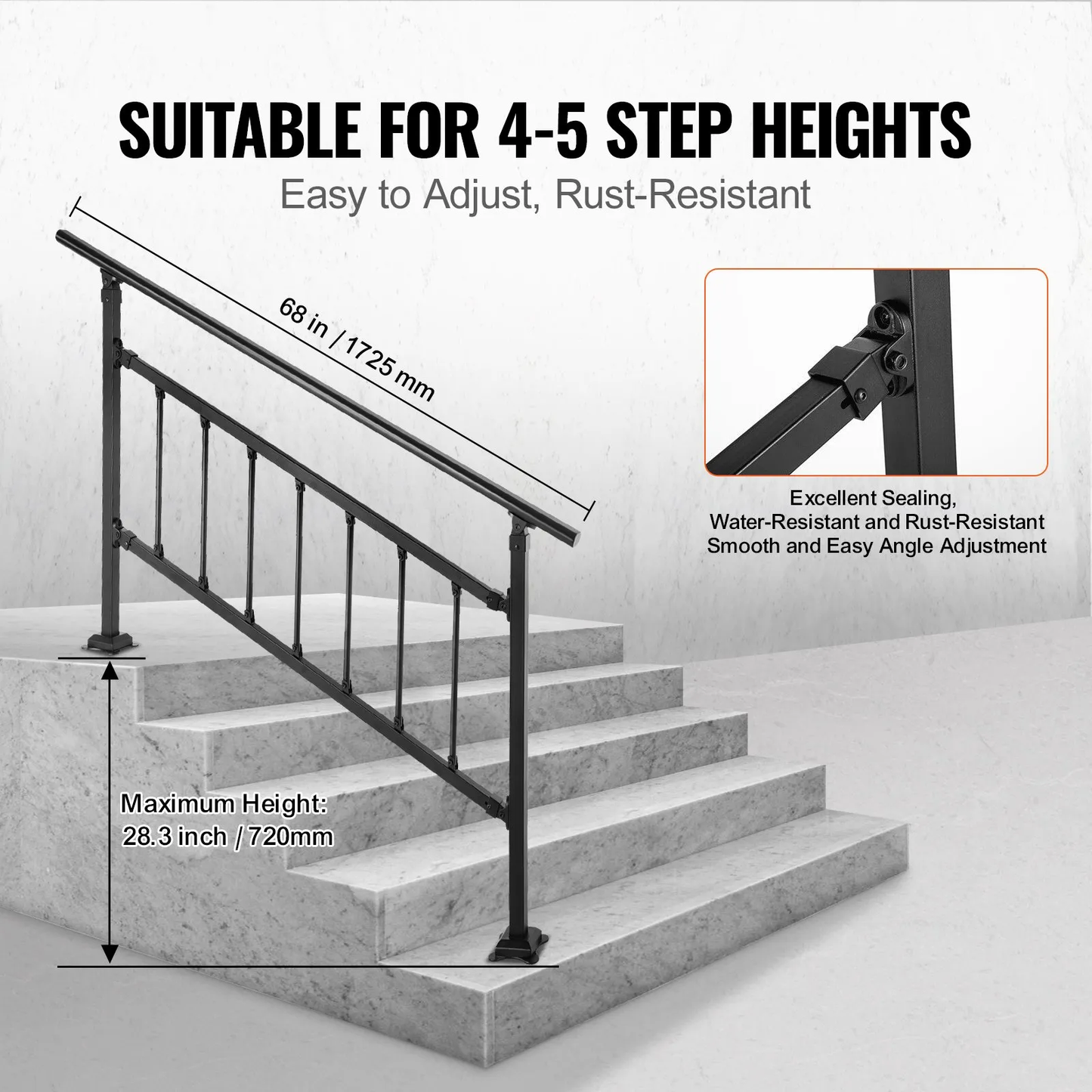 VEVOR Outdoor Stair Railing, Fits for 1-4 Steps Transitional Wrought Iron Handrail, Adjustable,-$80