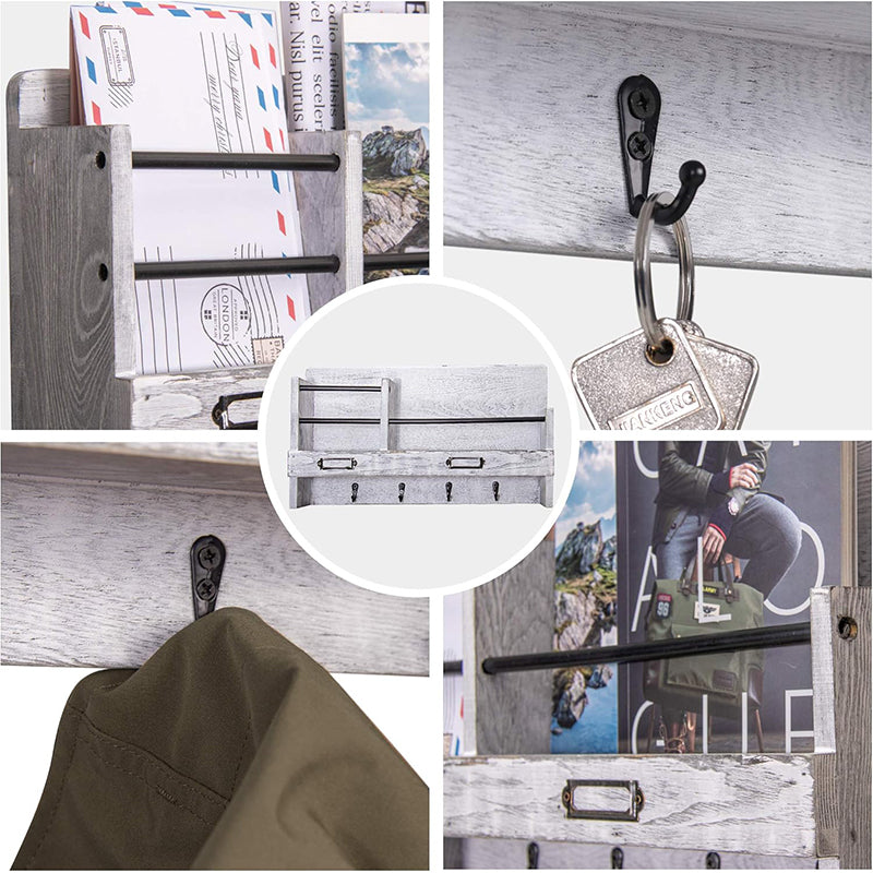 BNIB-Wall Mounted Mail Holder with 4 Key Hooks for Coat, Key Entryway Organizer(Gray)