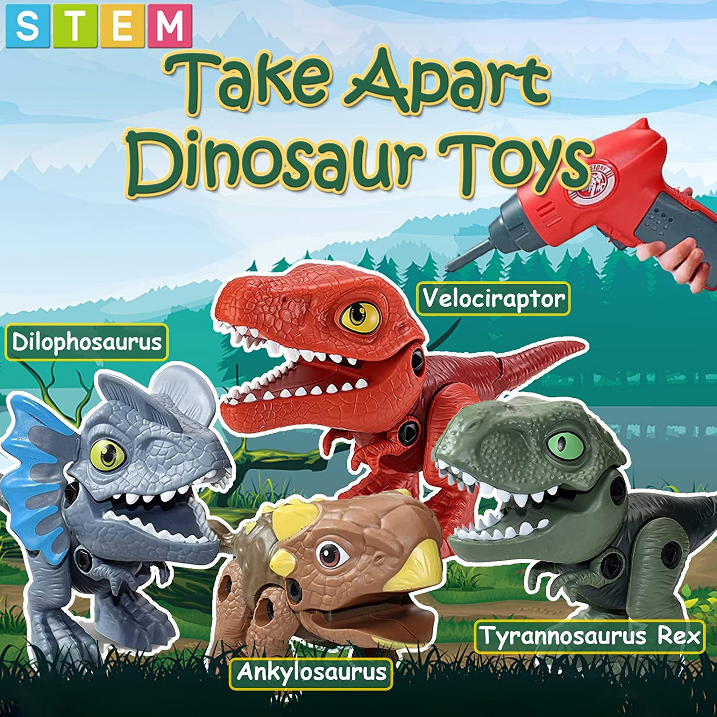 Brand New Construction Dinosaur Toys DIY Tool Set with Electric Drill, 4 Packs