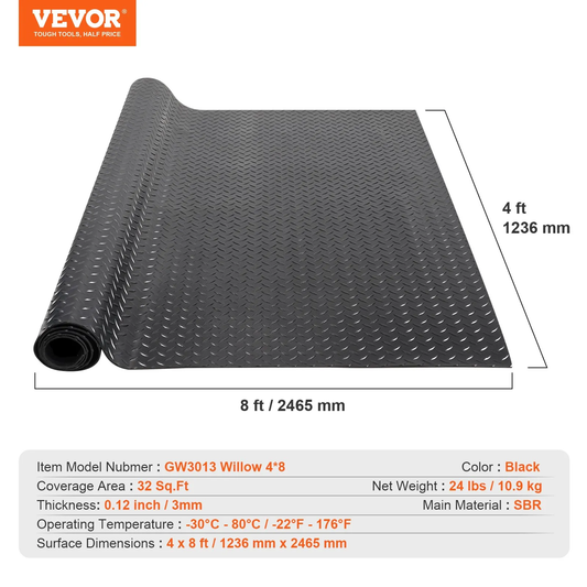 VEVOR Diamond-Plate Rubber Flooring Roll, 3 mm x 4 ft x 8 ft Garage Floor Mat, SBR Rubber Garage Flooring Roll
