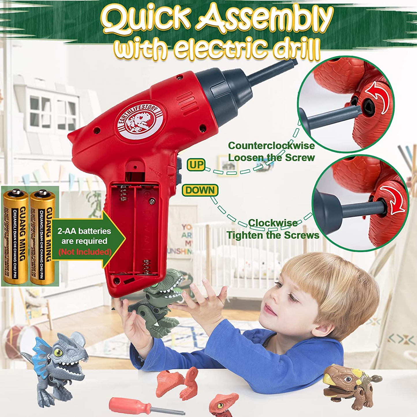 Brand New Construction Dinosaur Toys DIY Tool Set with Electric Drill, 4 Packs