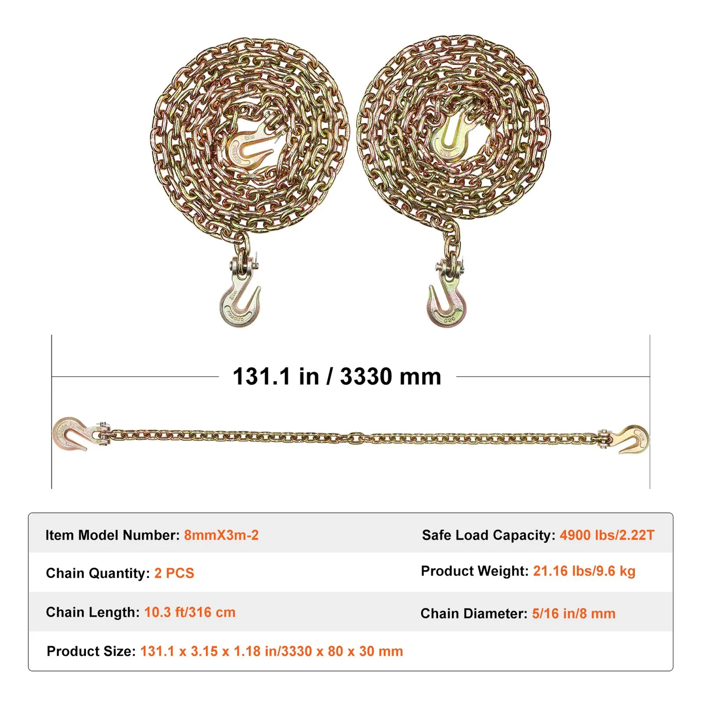 VEVOR G80 Transport Binder Chain, 5/16" x 10.3' 2-Pack Tow Chain with Clevis Grab Hooks,-$40