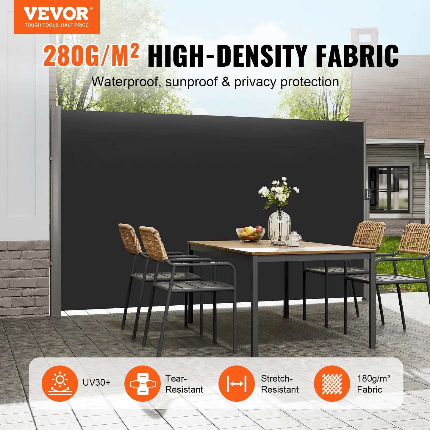 VEVOR Retractable Side Awning 118" x 63", Retractable Patio Screen Waterproof, Divider Black,-$90