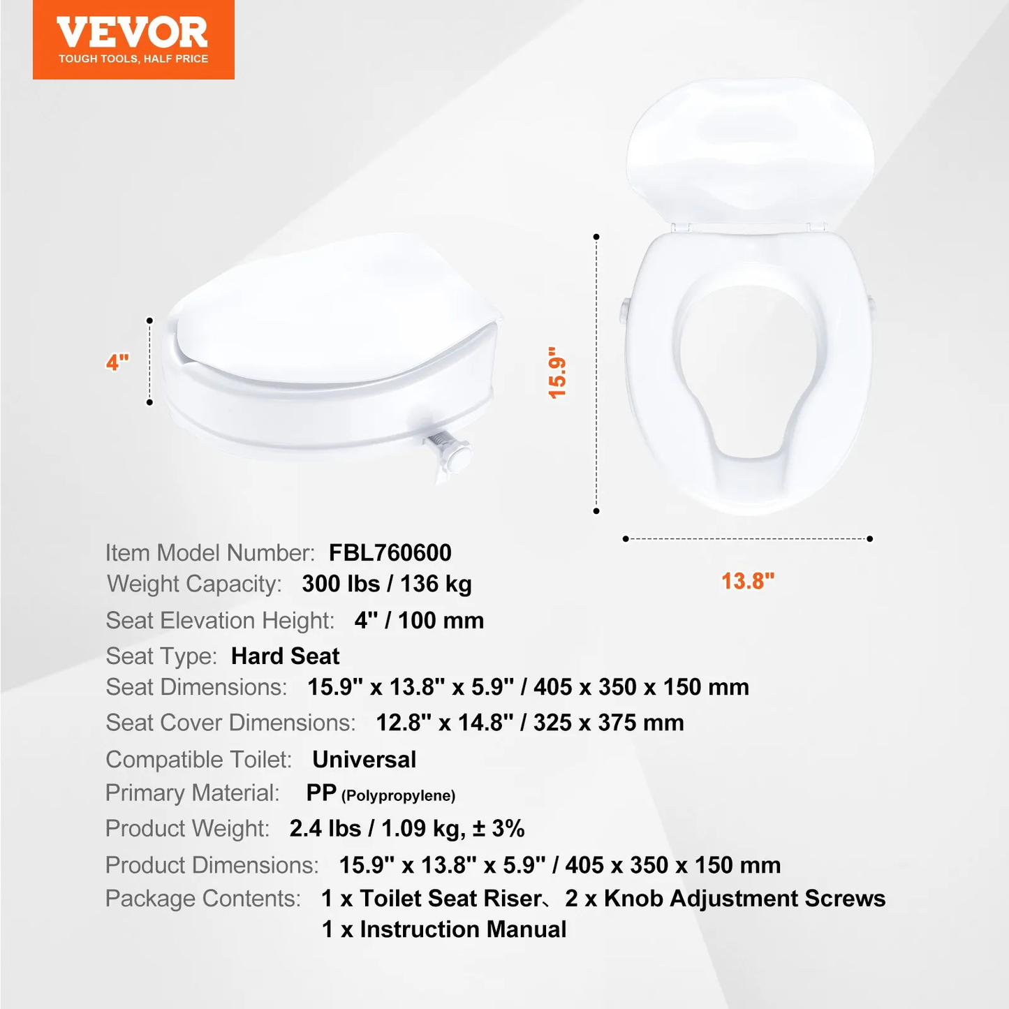 VEVOR Raised Toilet Seat, 4" Height Raised, 300 lbs Weight Capacity, Universal Toilet Seat Riser,-$30