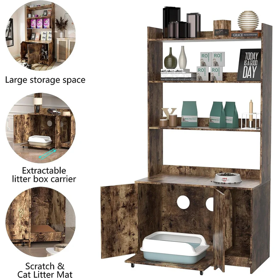 BNIB-Storage Cabinet w/Shelves, Hidden Litter Box Furniture w/2 Doors for Living Room