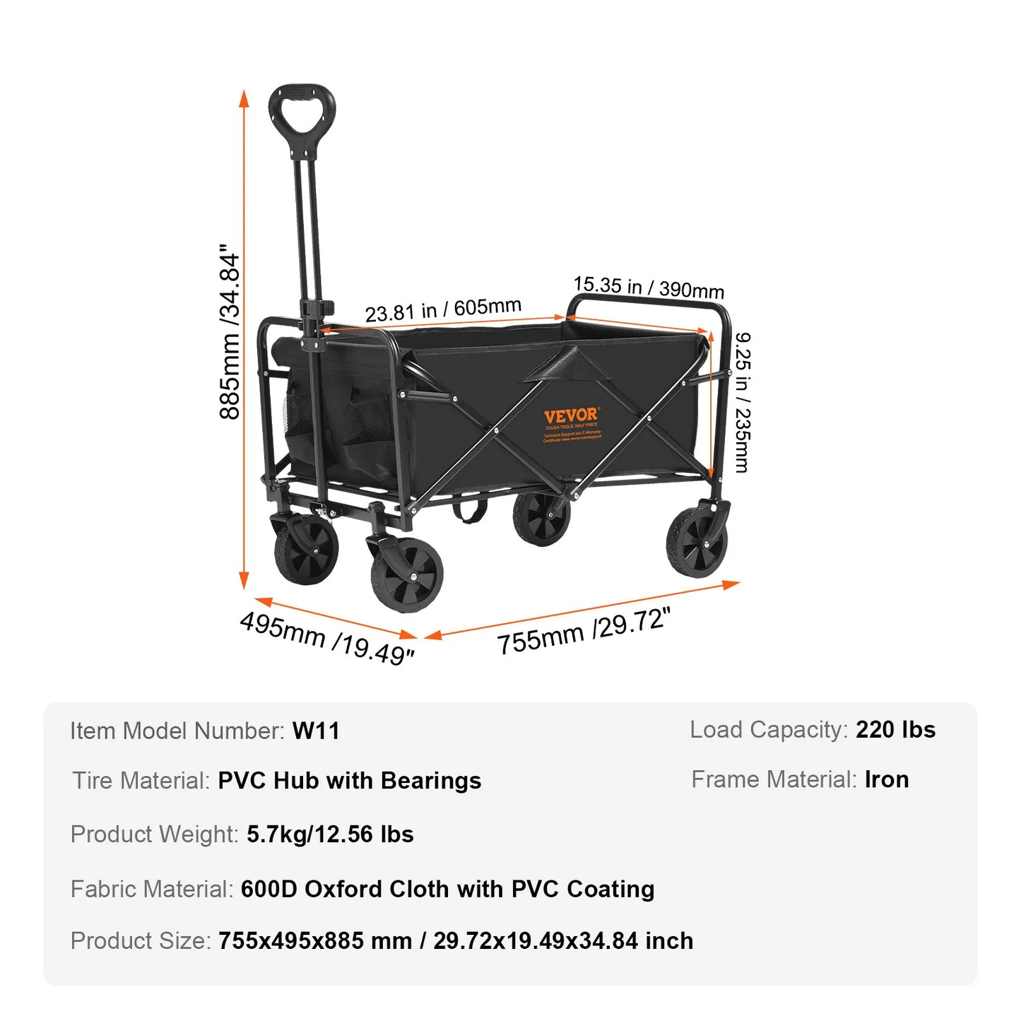 VEVOR Collapsible Folding Wagon, 2 cu.ft Beach Wagon Cart with All-Terrain 5in Wheels,-$55