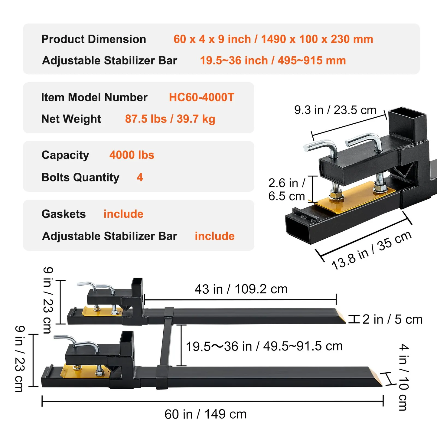 VEVOR Pallet Forks, 4000 lbs Clamp on Pallet Forks, 60" Total Length Heavy Duty Pallet Forks